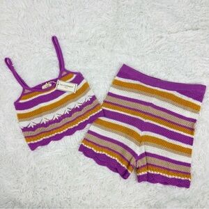 NWT NO COMMENT striped two piece knit cotton cropped top & high waisted shorts L